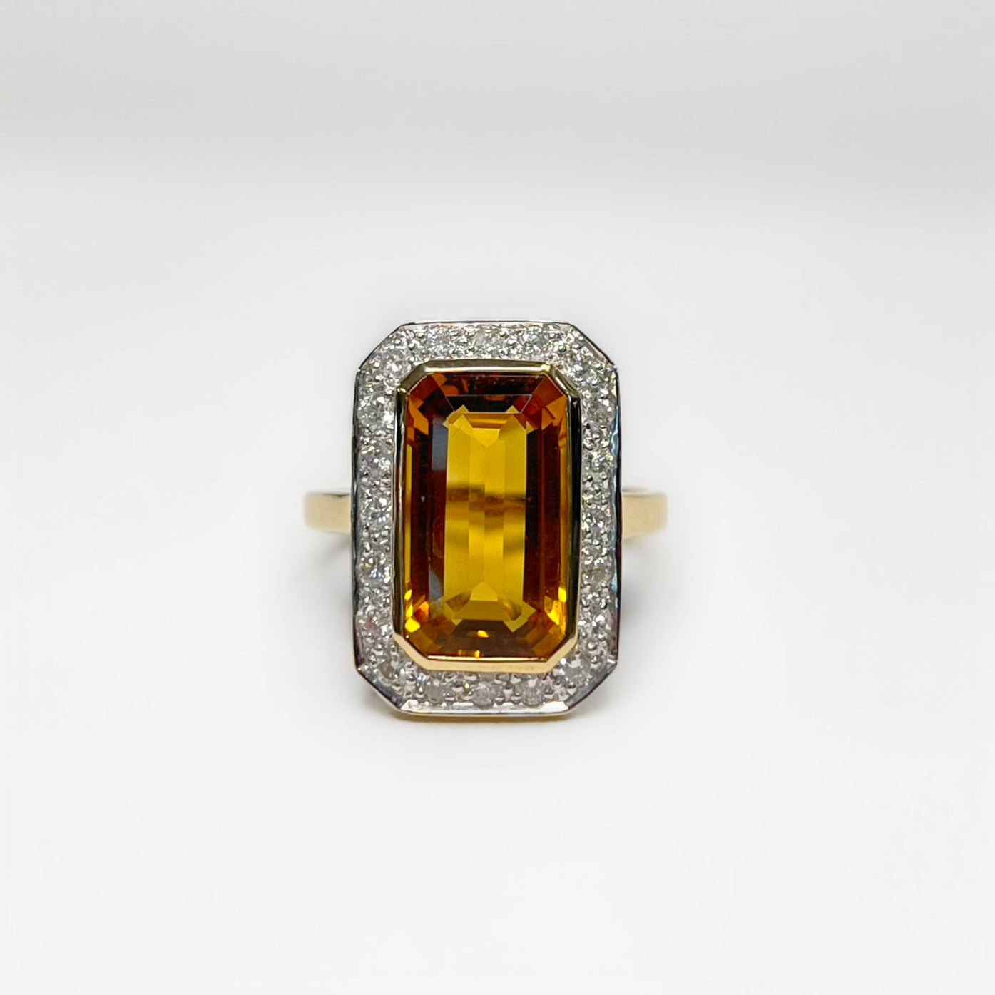 Art Deco Inspired 9ct Yellow Gold Madeira Citrine and Diamond Halo Cocktail Ring - Size N ½