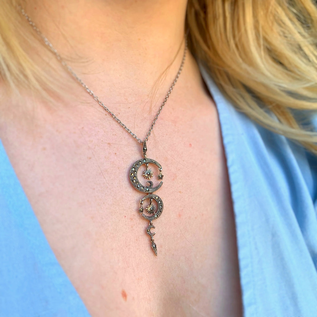 Celestial Moon and Stars Marcasite Sterling Silver Necklace
