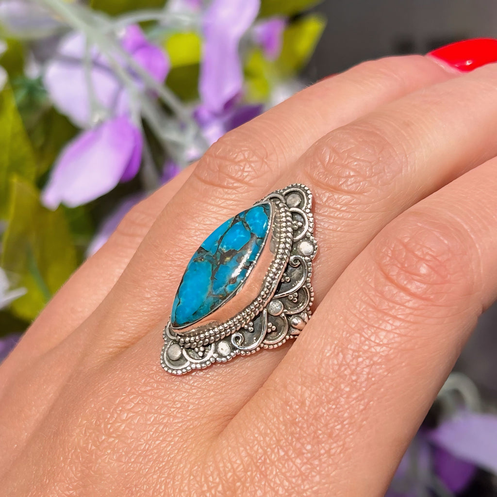 Marquise Turquoise Sterling Silver Bohemian Inspired Ring | Size N ½