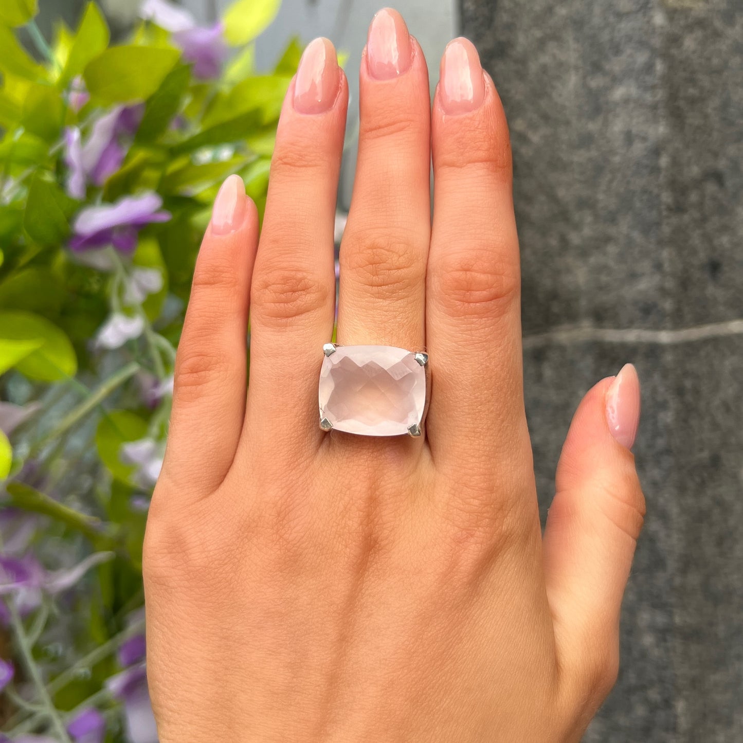 Chunky Sterling Silver Checkerboard Cut Cabochon Pink Rose Quartz Ring - Size H