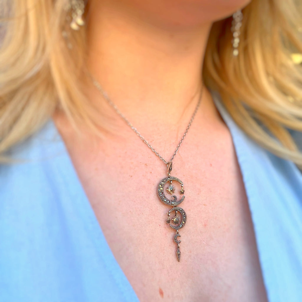 Celestial Moon and Stars Marcasite Sterling Silver Necklace