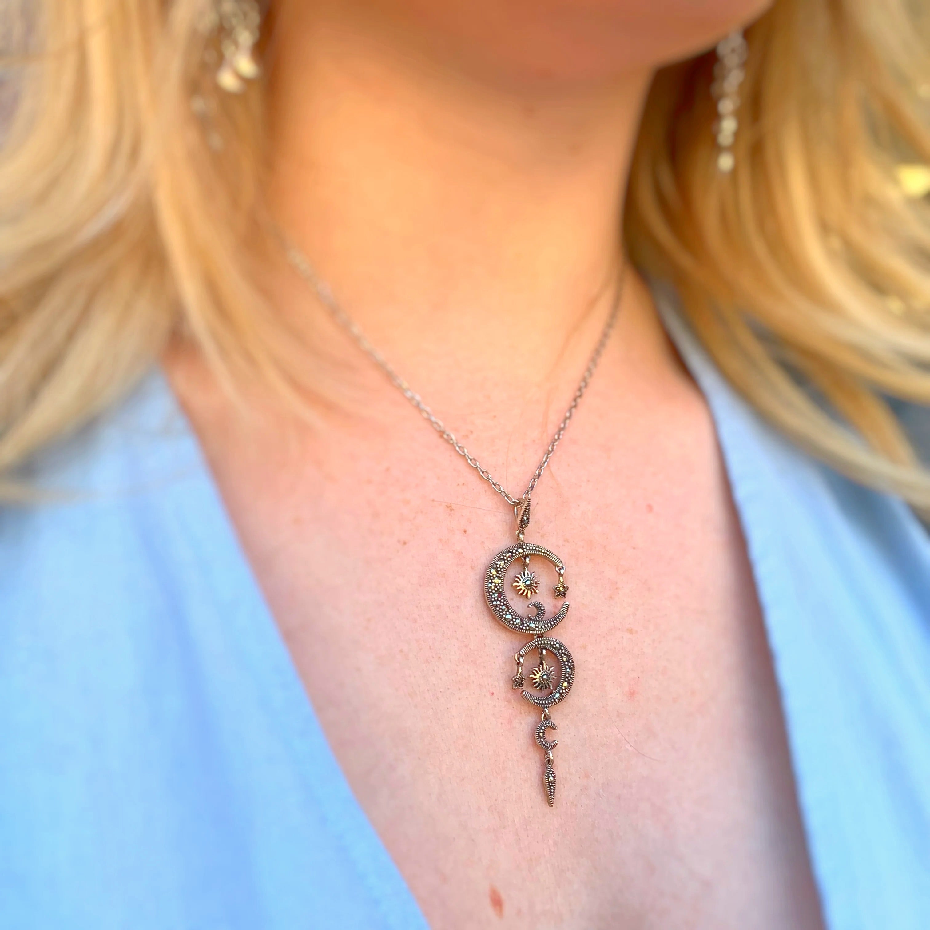 Celestial Moon and Stars Marcasite Sterling Silver Necklace