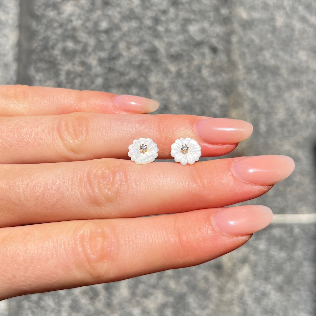 Mother of Pearl & Cubic Zirconia 9ct Gold Plated Flower Stud Earrings