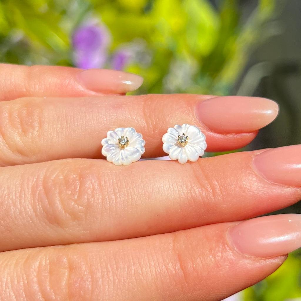Mother of Pearl & Cubic Zirconia 9ct Gold Plated Flower Stud Earrings