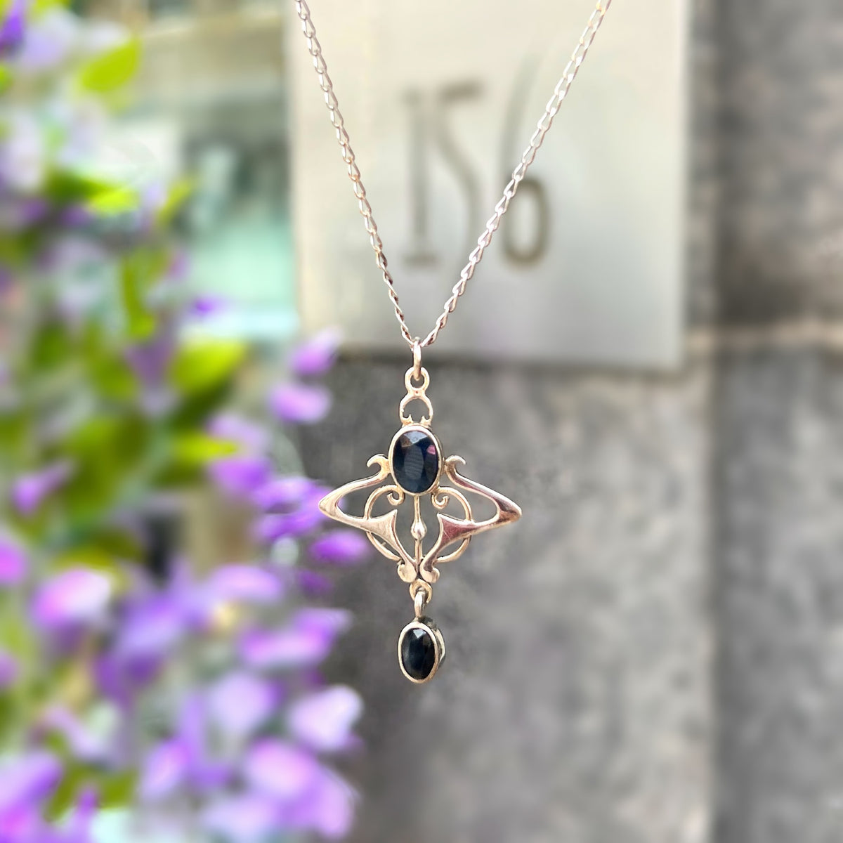 Blue Sapphire Sterling Silver Art Nouveau Pendant & Chain