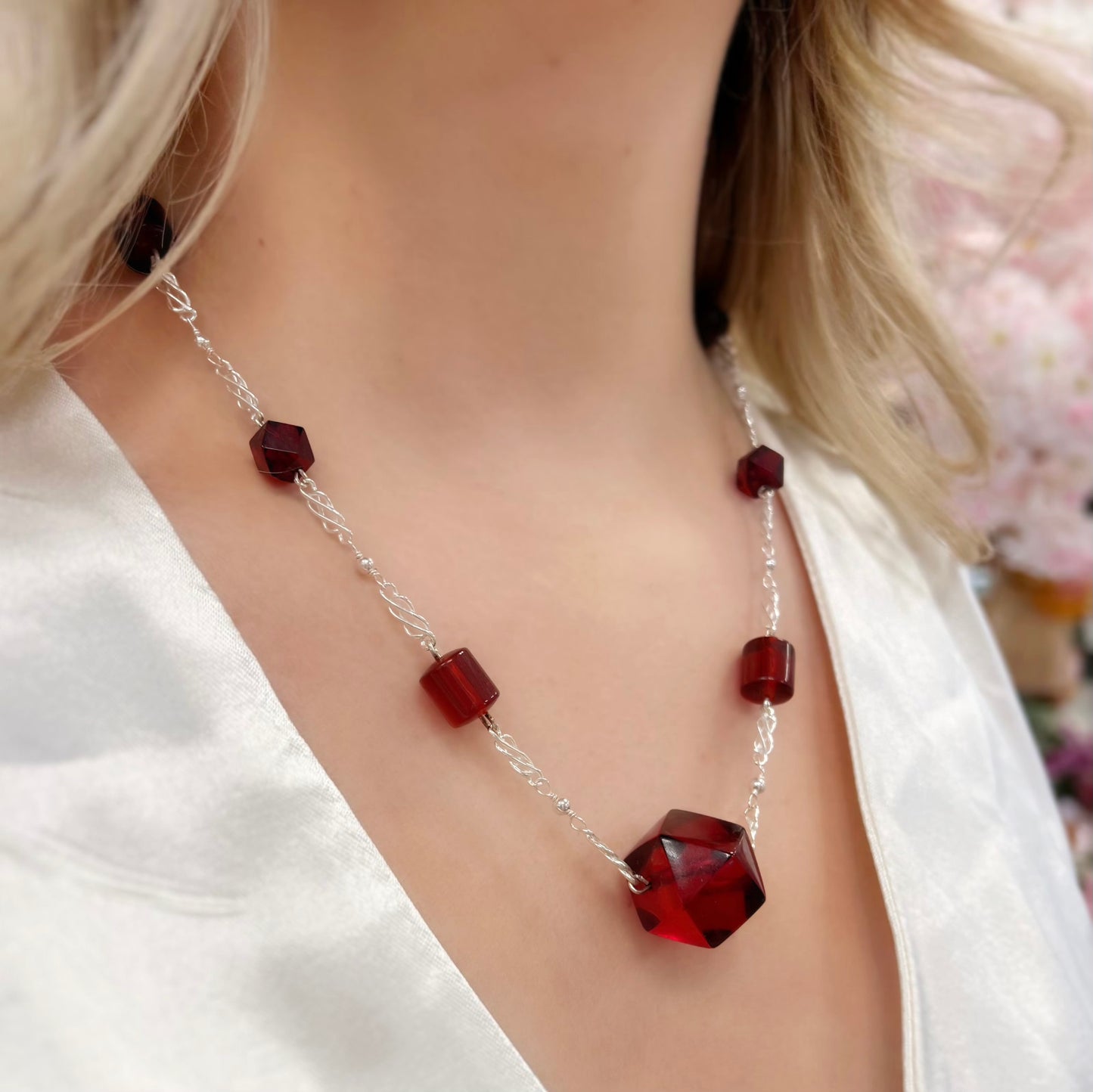 Antique 1920s Cherry Amber Beaded Necklace Handmade in Sterling Silver