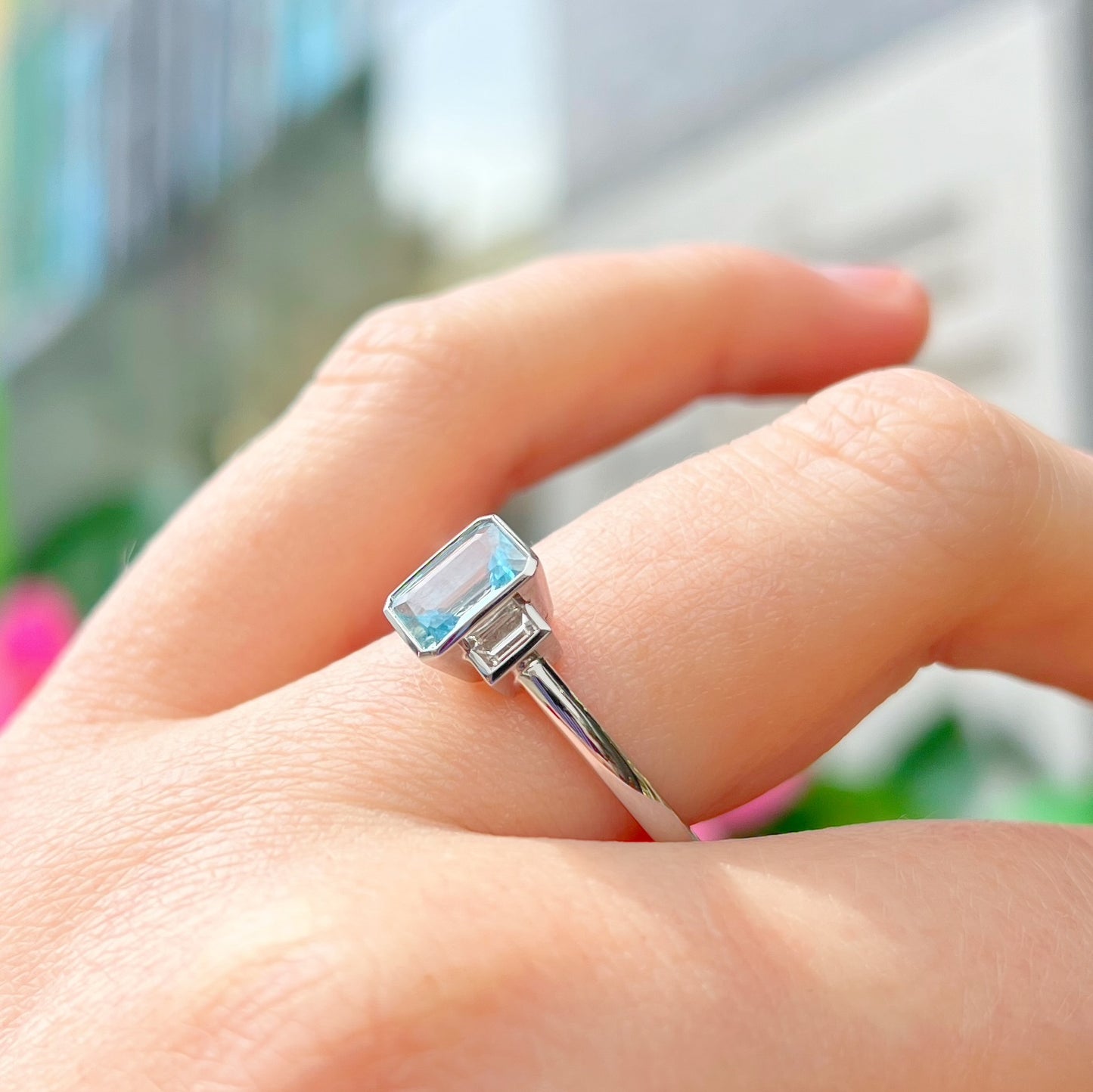 Incredible 18ct White Gold Emerald-Cut Aquamarine and Baguette-Cut Diamond Trilogy Ring - Size N