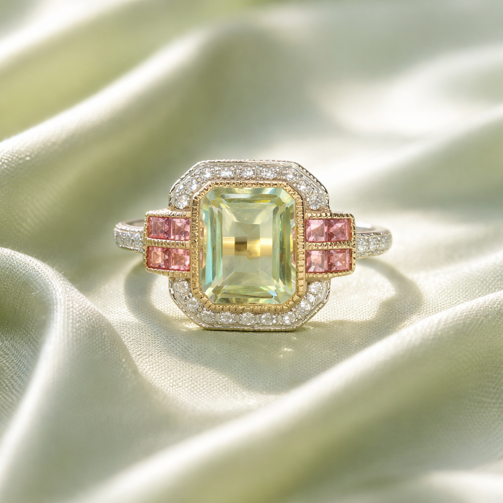 Art Deco Inspired 9ct Yellow Gold Green Amethyst and Pink Tourmaline Ring - Size O ½