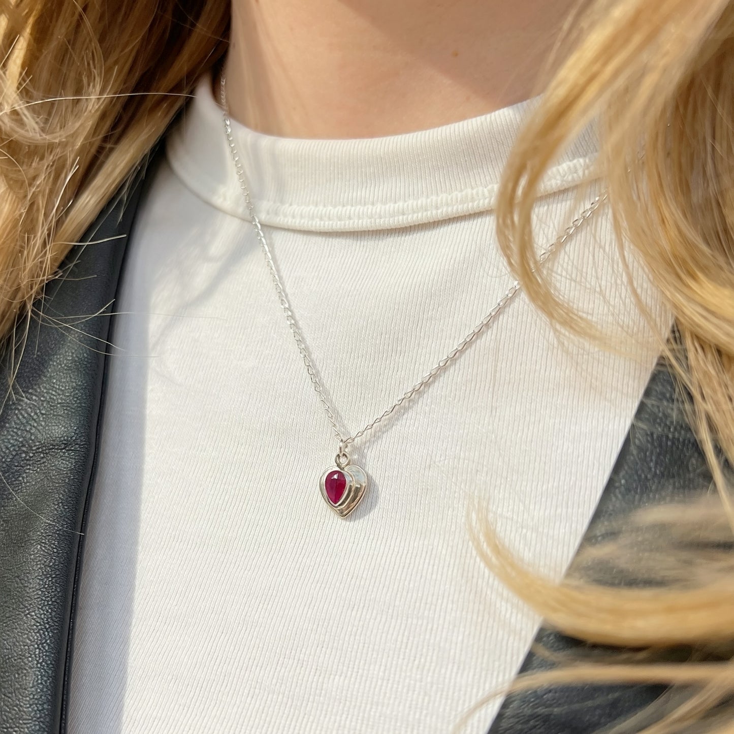 Sweet Sterling Silver Pear-Cut Ruby Heart Necklace