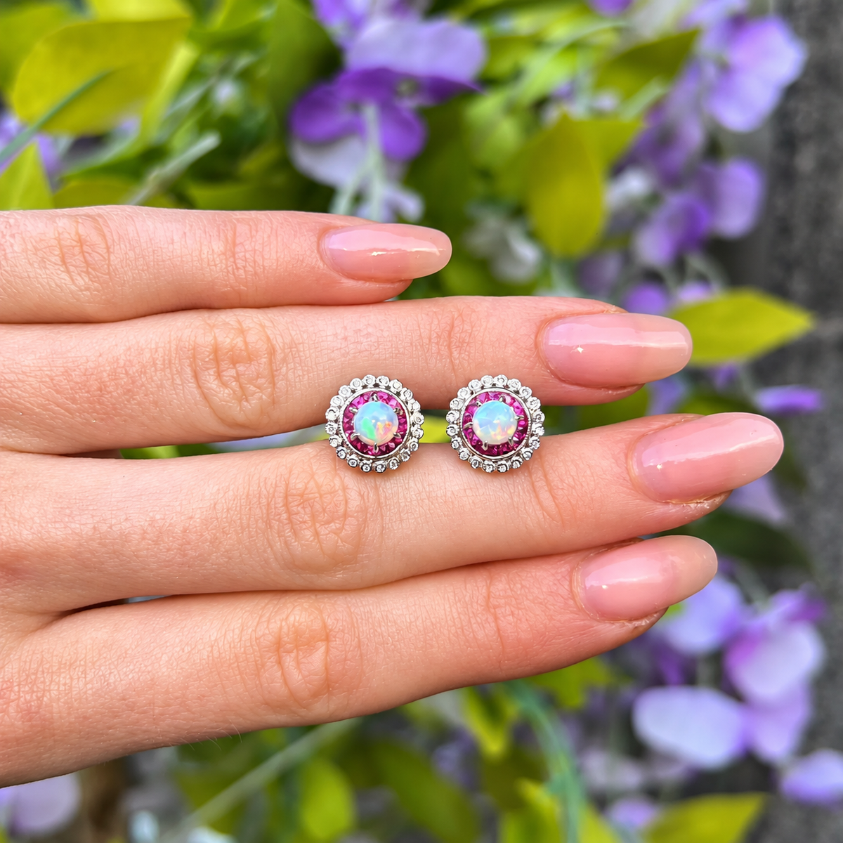 Ruby, Diamond & Opal 18ct White Gold Halo Stud Earrings