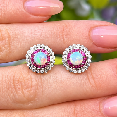 Ruby, Diamond & Opal 18ct White Gold Halo Stud Earrings