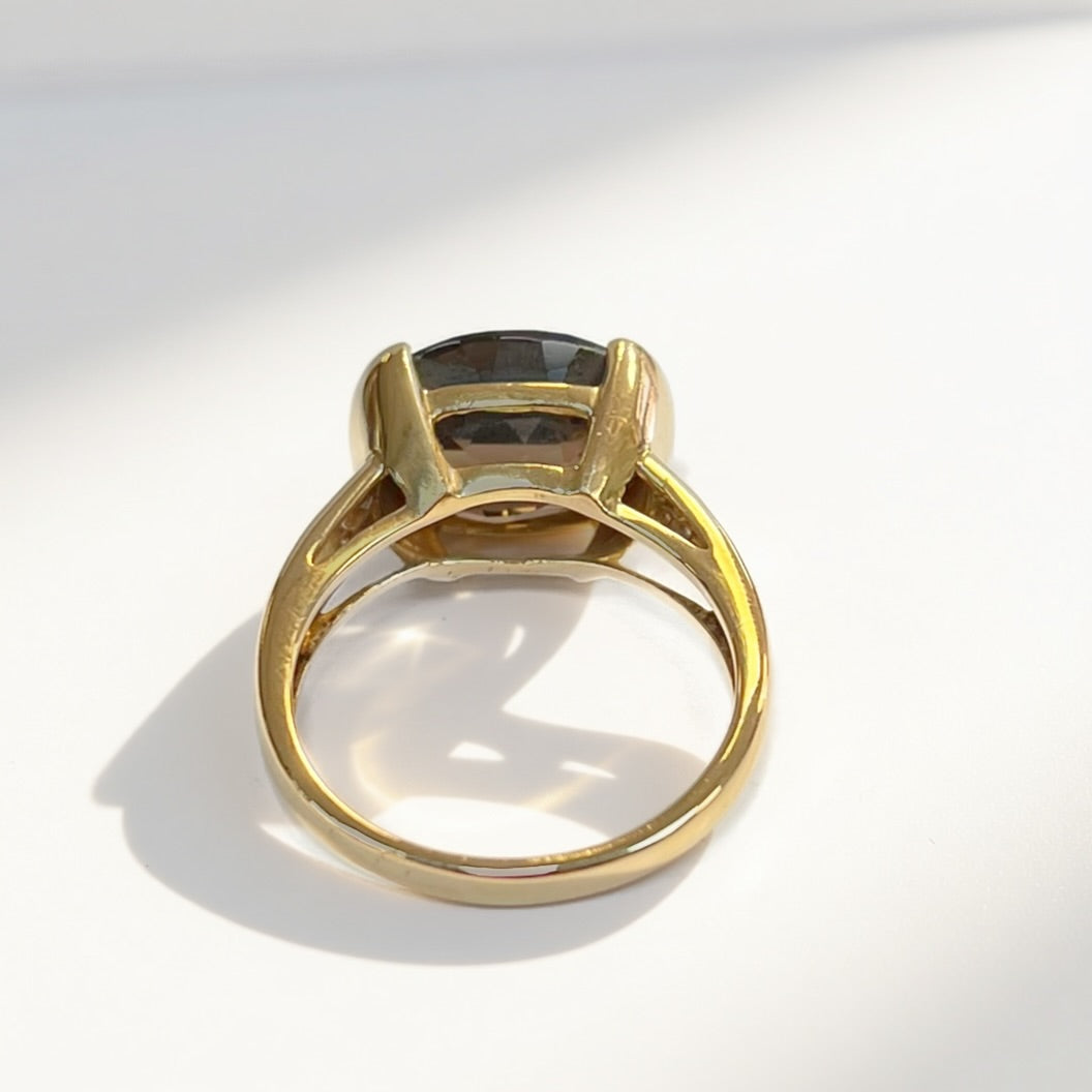 Vintage 9ct Yellow Gold Smoky Quartz and Diamond Cocktail Ring - Size M ½