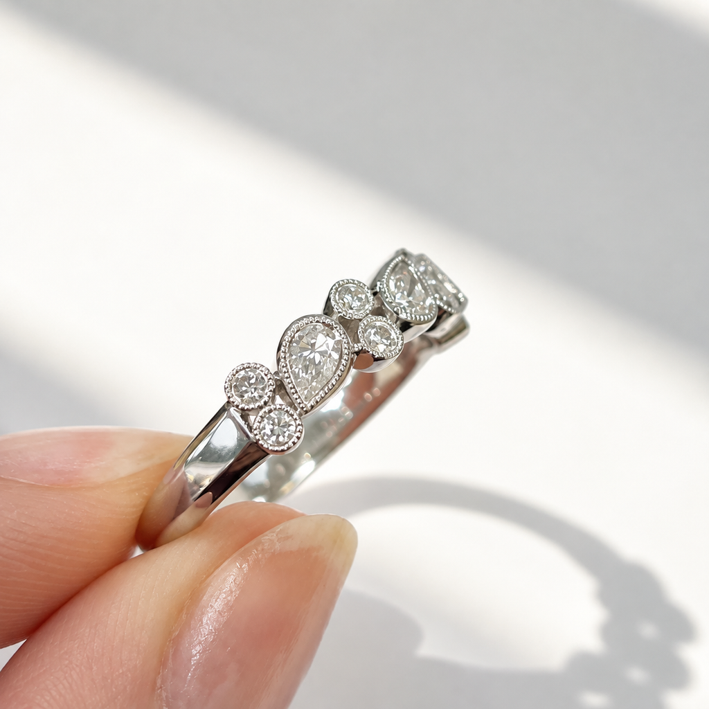 Platinum Pear and Round Natural Diamond Multi-Stone Bubble Ring | Size N