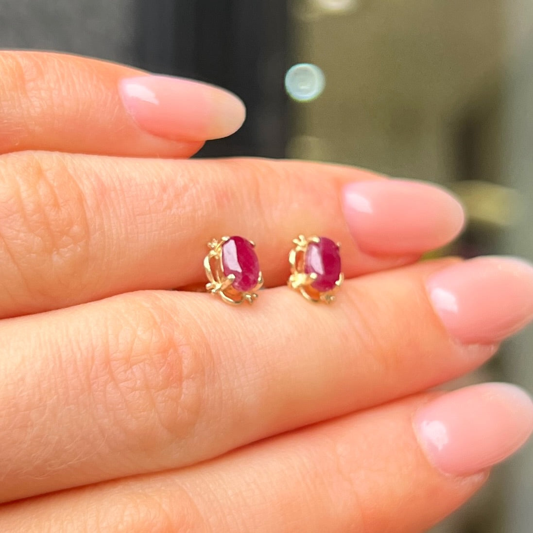 Pink Ruby Oval Cut 9ct Yellow Gold Dainty Stud Earrings