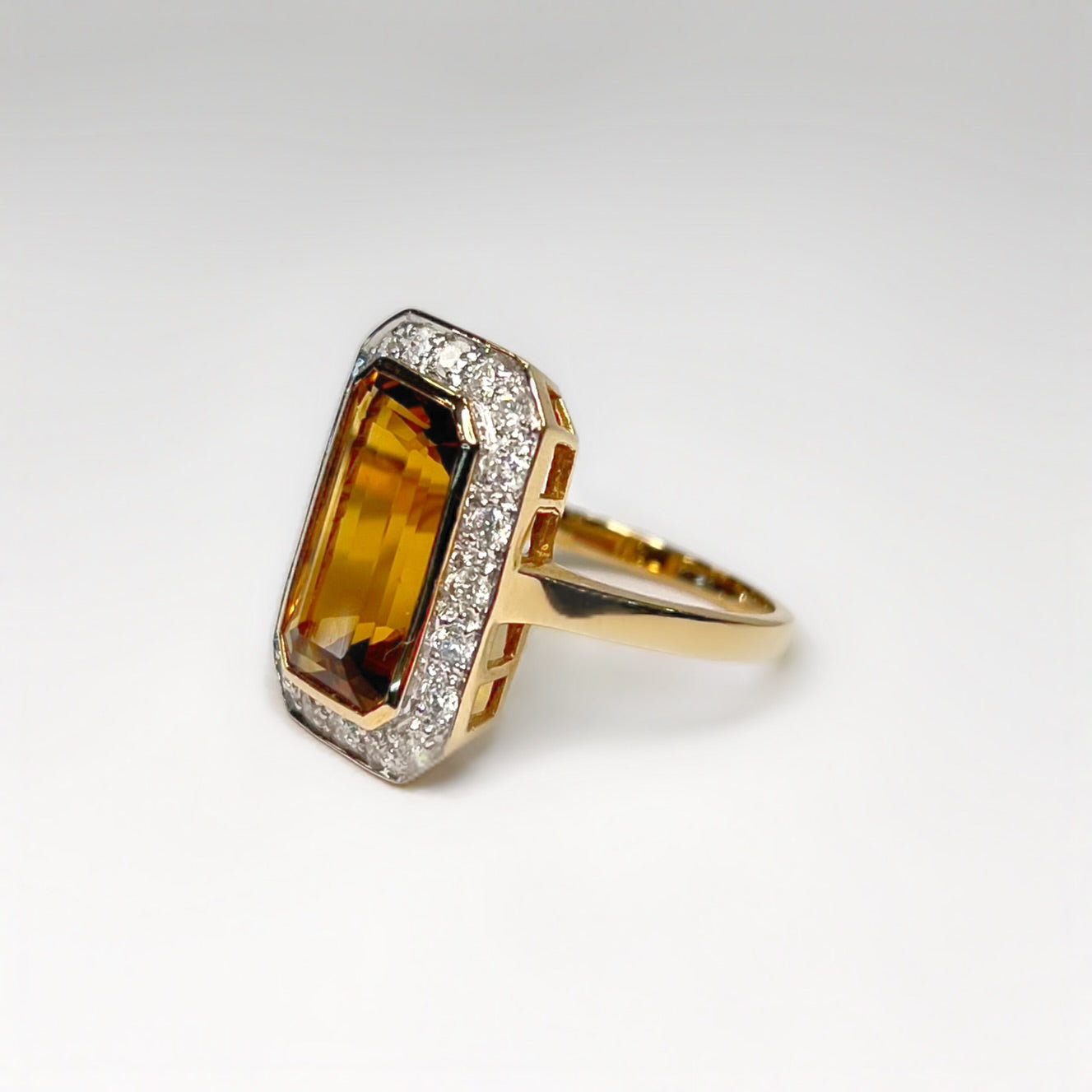 Art Deco Inspired 9ct Yellow Gold Madeira Citrine and Diamond Halo Cocktail Ring - Size N ½