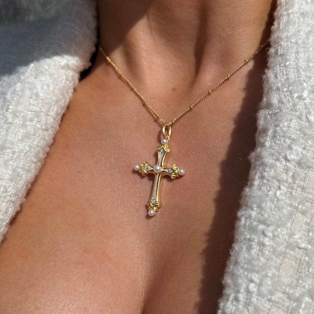 Freshwater Pearl & Cubic Zirconia 9ct Gold Plated Cross Necklace
