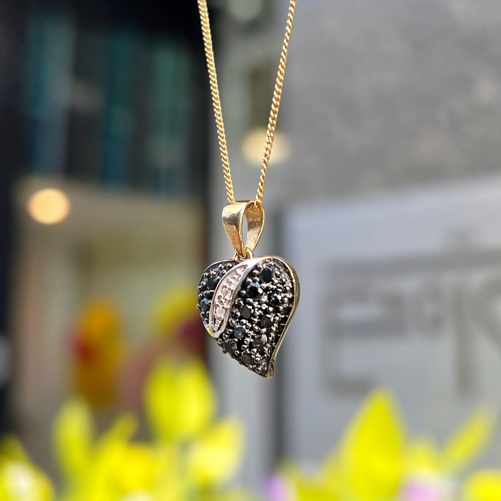 Vintage Black Diamond 9ct Yellow Gold Witch's Heart Necklace