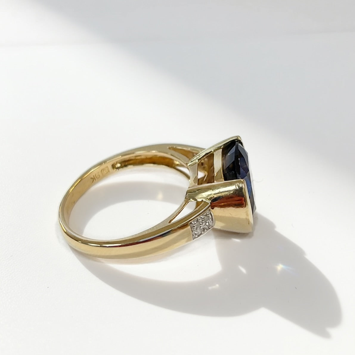 Vintage 9ct Yellow Gold Smoky Quartz and Diamond Cocktail Ring - Size M ½
