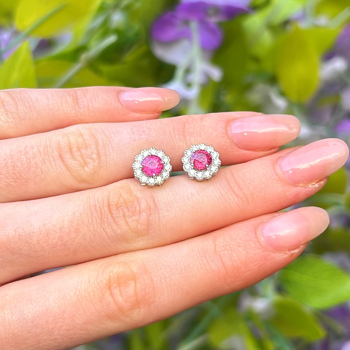 Ruby and Diamond 18ct White Gold Halo Stud Earrings