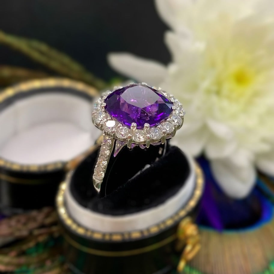 'Elizabeth' Ring - Spectacular 18ct White Gold Amethyst and Diamond Statement Dress Ring – Size N 1/2