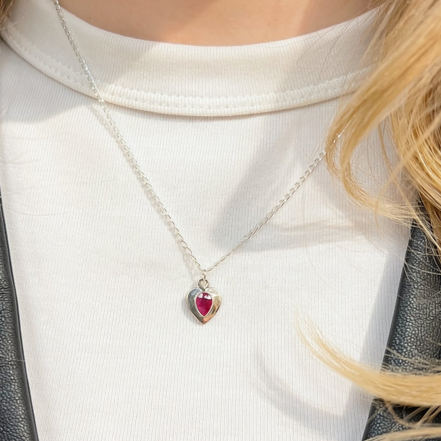 Sweet Sterling Silver Pear-Cut Ruby Heart Necklace