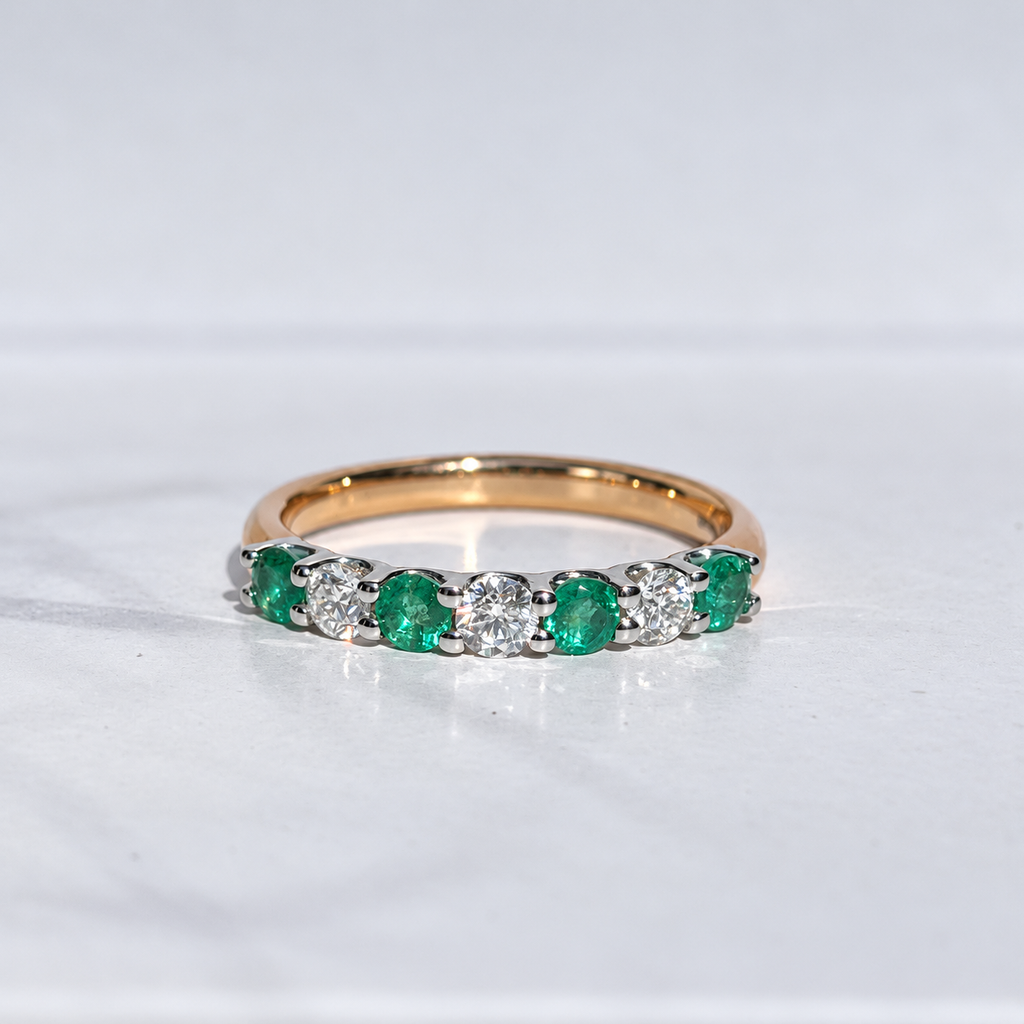 Emerald and Diamond Dainty 9ct Yellow Gold Half Eternity Ring | Size O