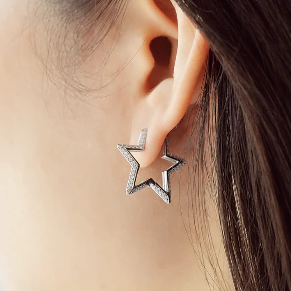 Ania Hae Silver Medium Star Pavé Hoop Earrings