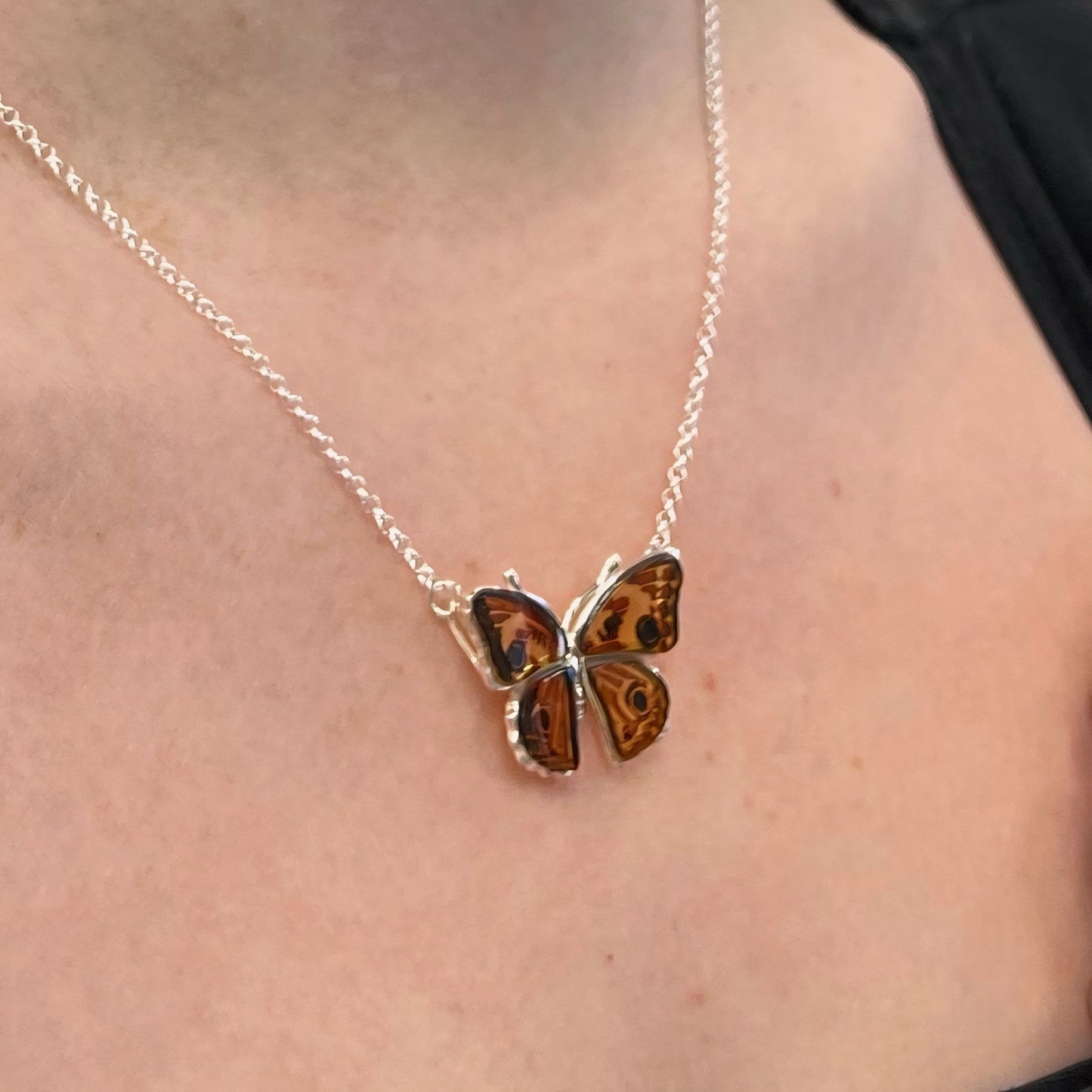 Sterling Silver Amber Peacock Pansy Butterfly Necklace