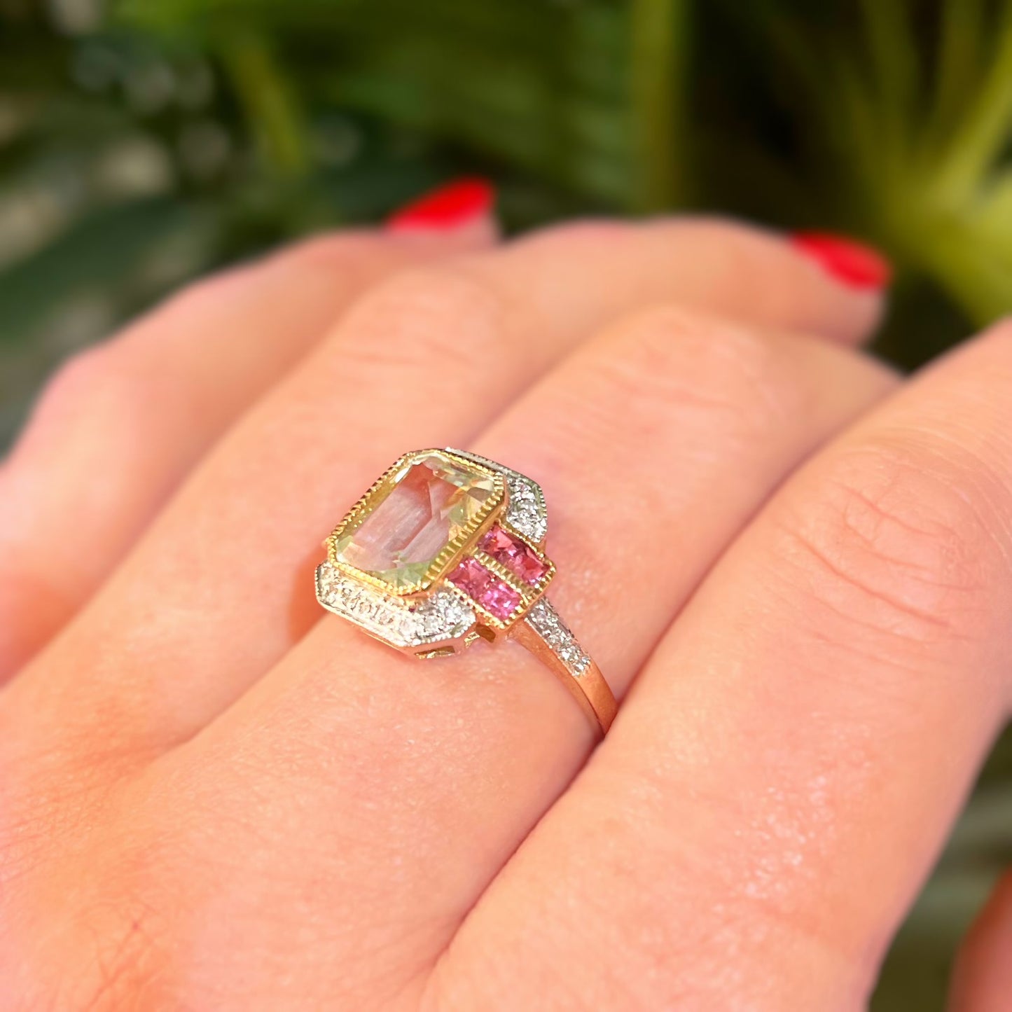 Art Deco Inspired 9ct Yellow Gold Green Amethyst and Pink Tourmaline Ring - Size O ½