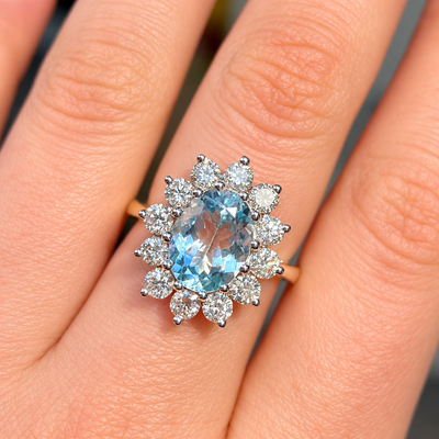 Aquamarine and Diamond Classic Cluster 14ct Yellow Gold Ring
