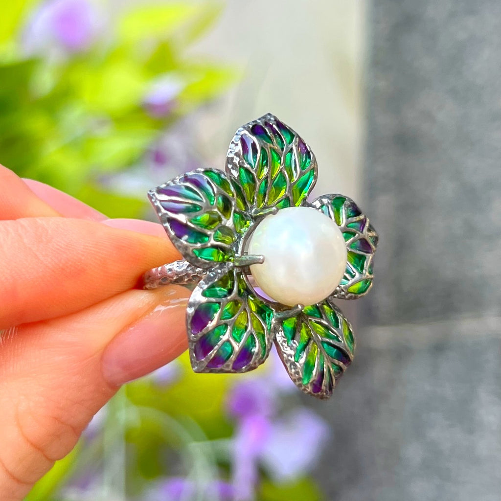 Pearl and Green/Purple Ombre Enamel Sterling Silver Ring | Size O