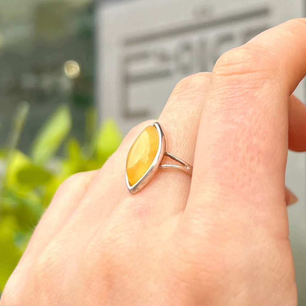 Yellow Butterscotch Amber Sterling Silver Marquise Cut Ring