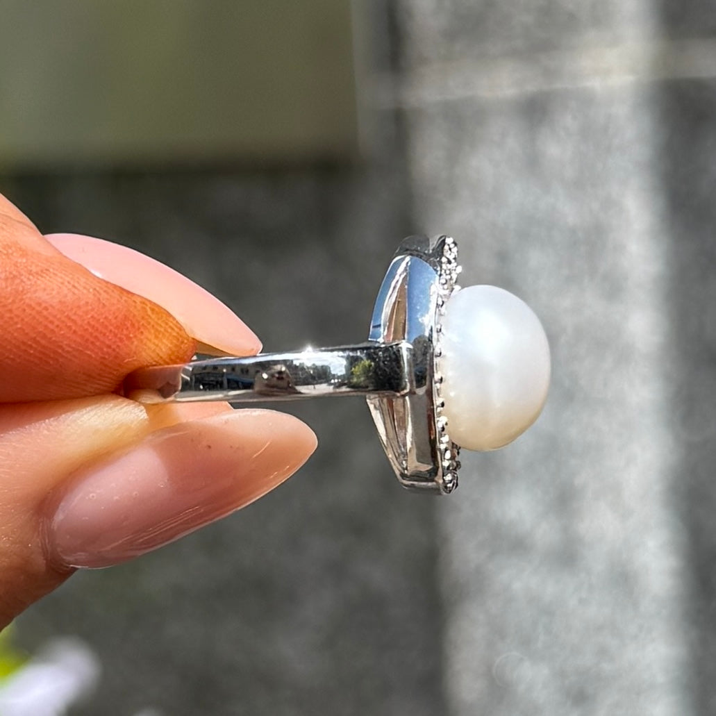 Cubic Zirconia and Pearl Sterling Silver Swirl Ring | Size M ½