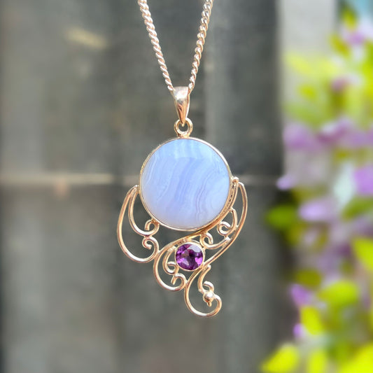 Sterling Silver Blue Lace Agate & Purple Amethyst Pendant