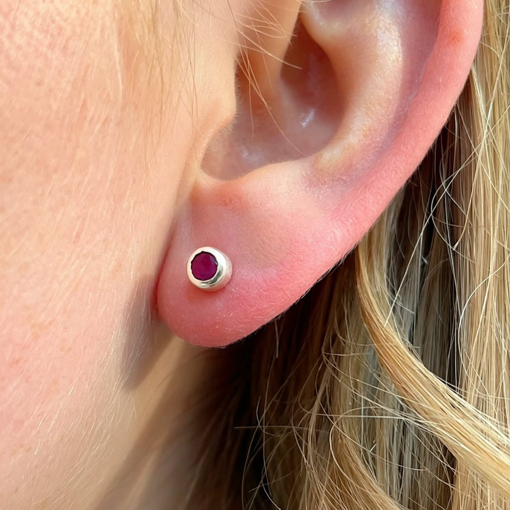 Bezel Set Round Ruby Sterling Silver Small Stud Earrings