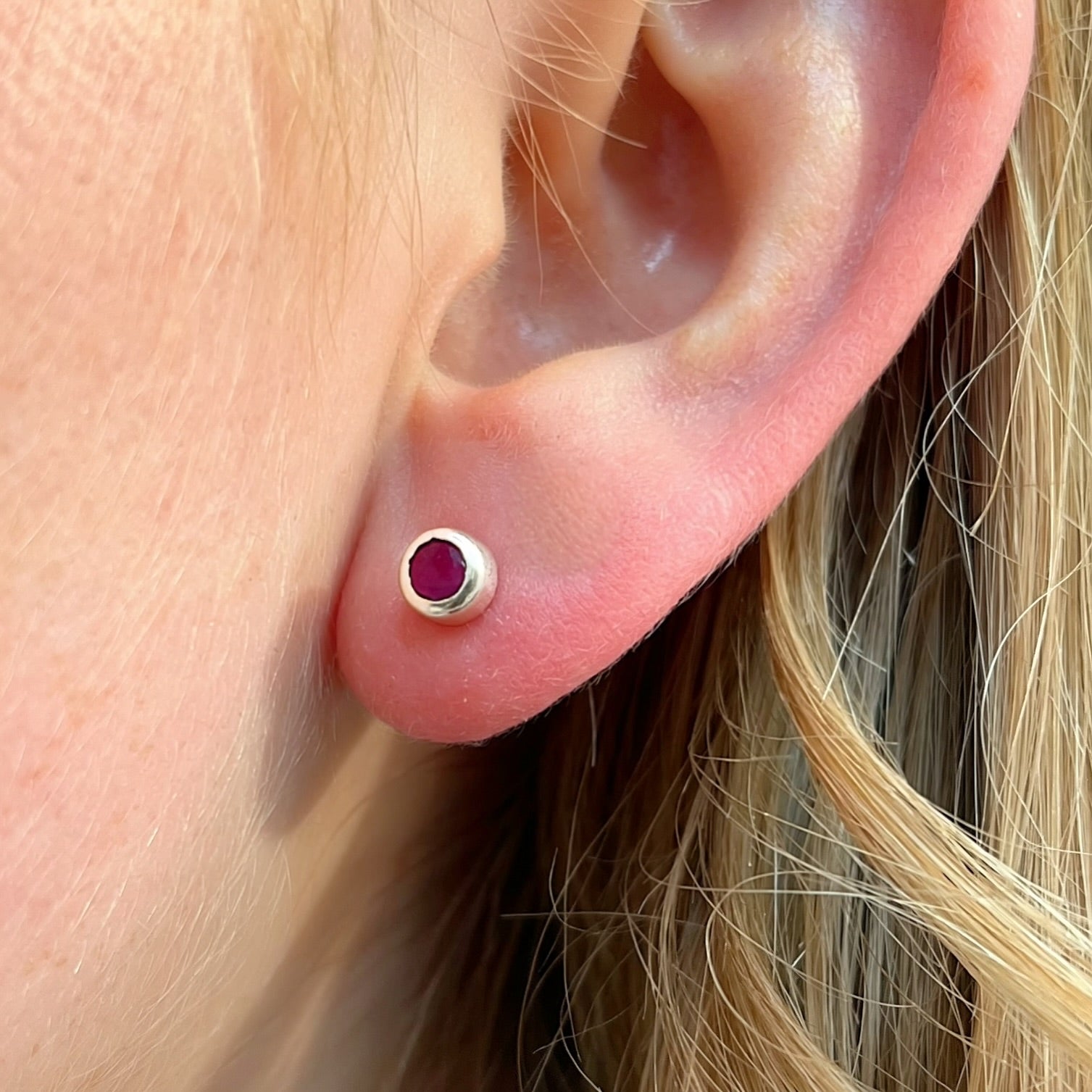 Bezel Set Round Ruby Sterling Silver Small Stud Earrings