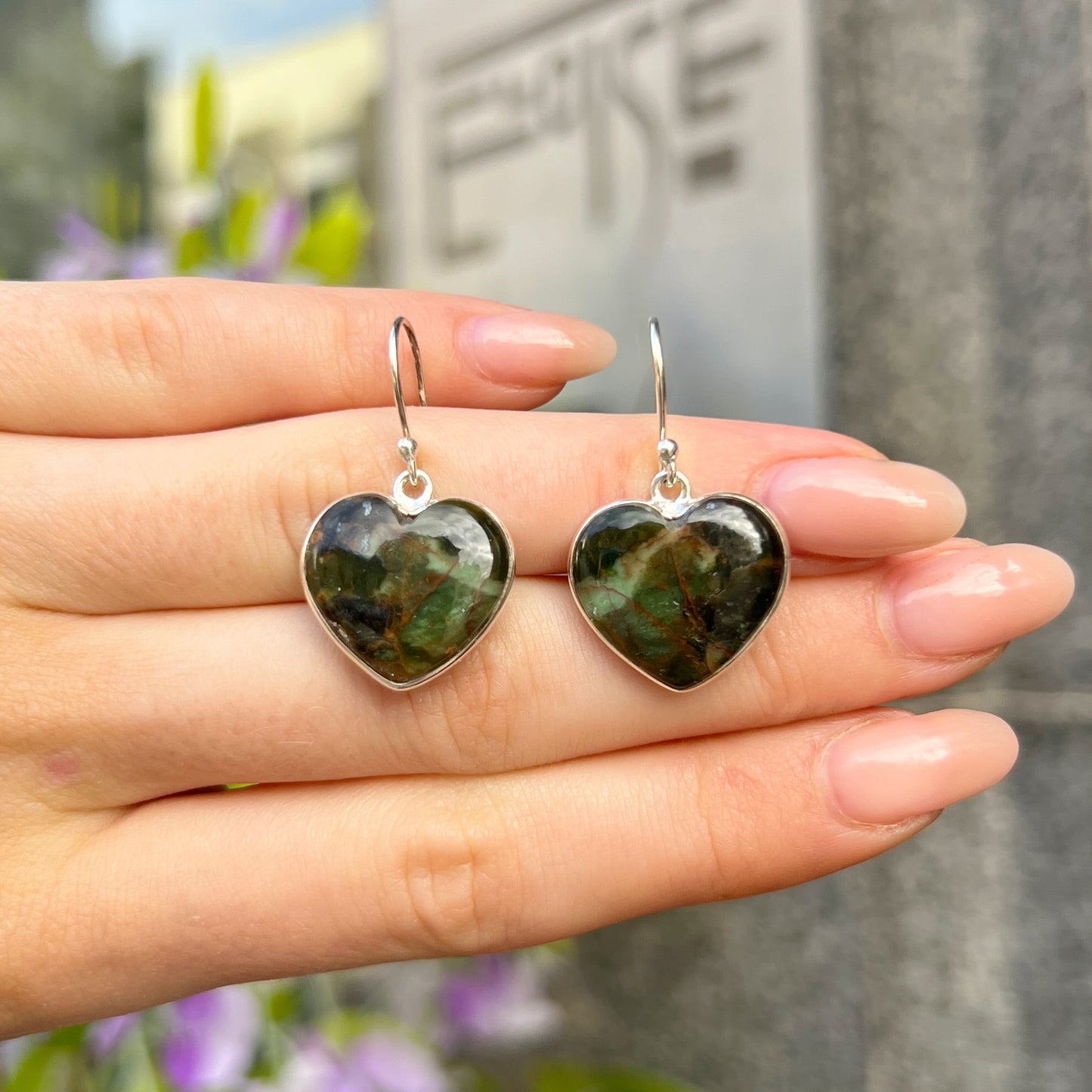 Sterling Silver Green Agate Heart Drop Earrings