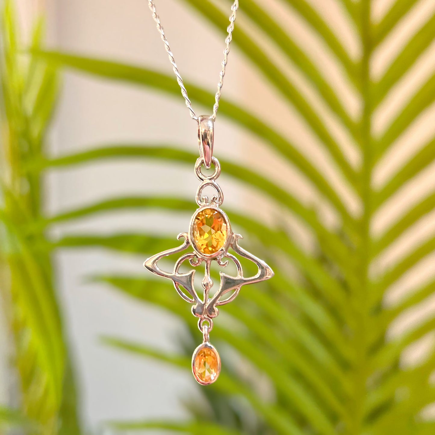 Sterling Silver Citrine Art Nouveau Inspired Necklace