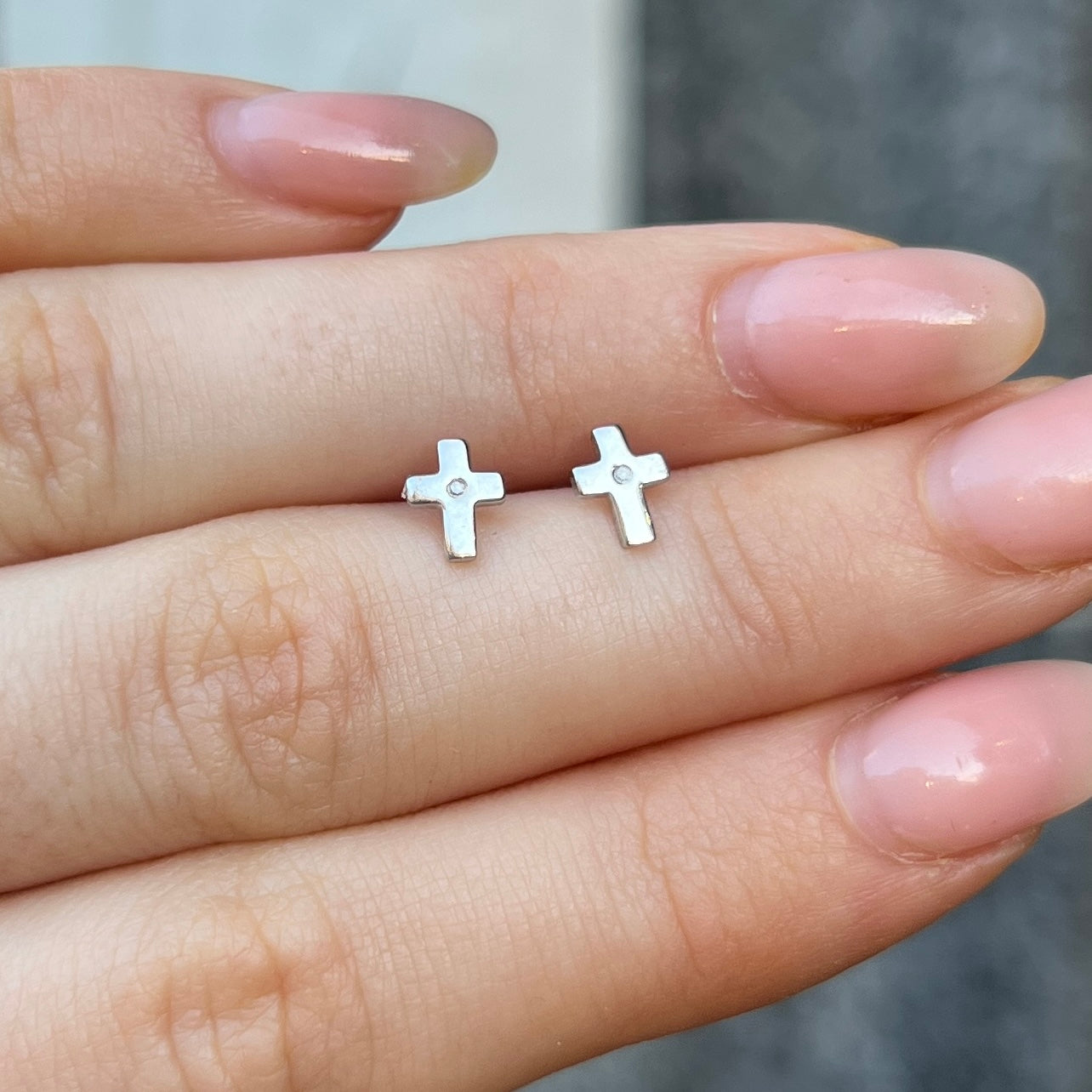 ‘D for Diamond’ Sterling Silver Mini Cross Diamond Stud Earrings