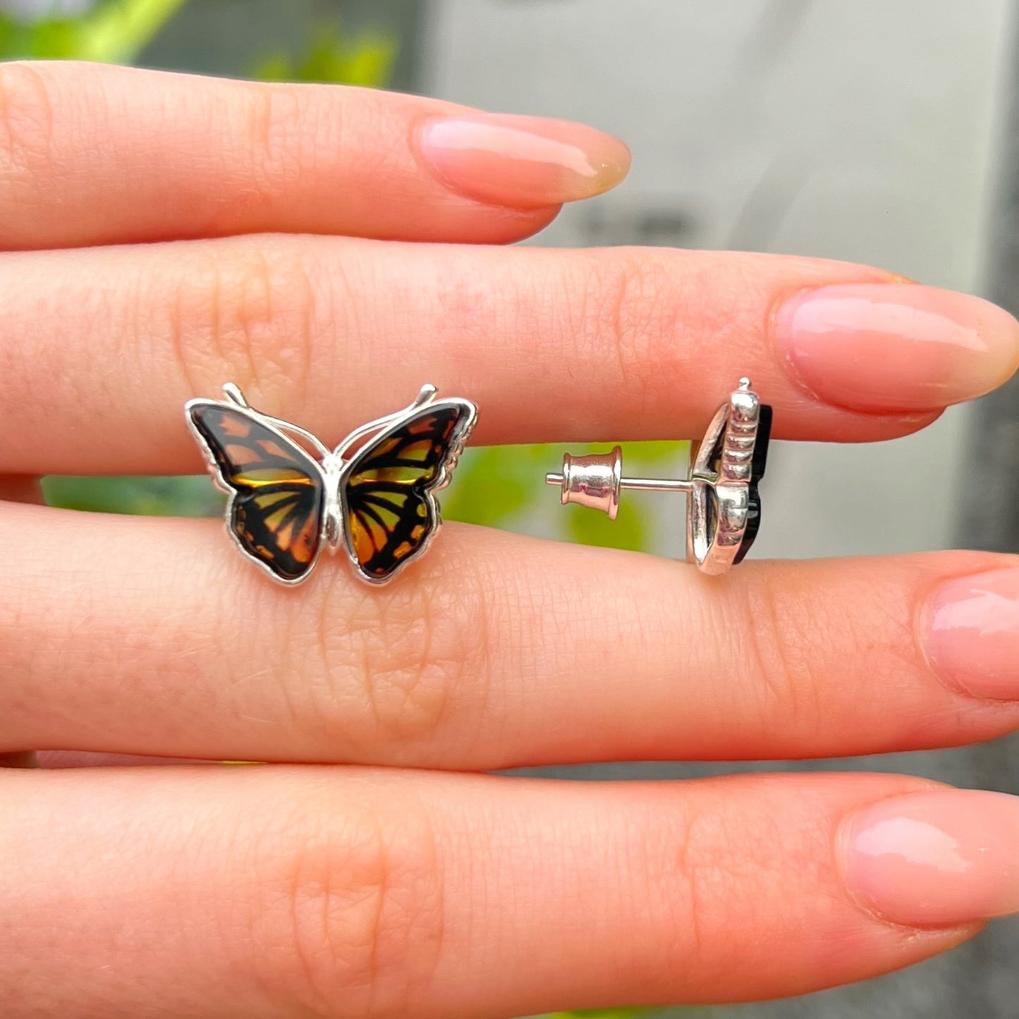 Sterling Silver Orange Amber Butterfly Design Stud Earrings