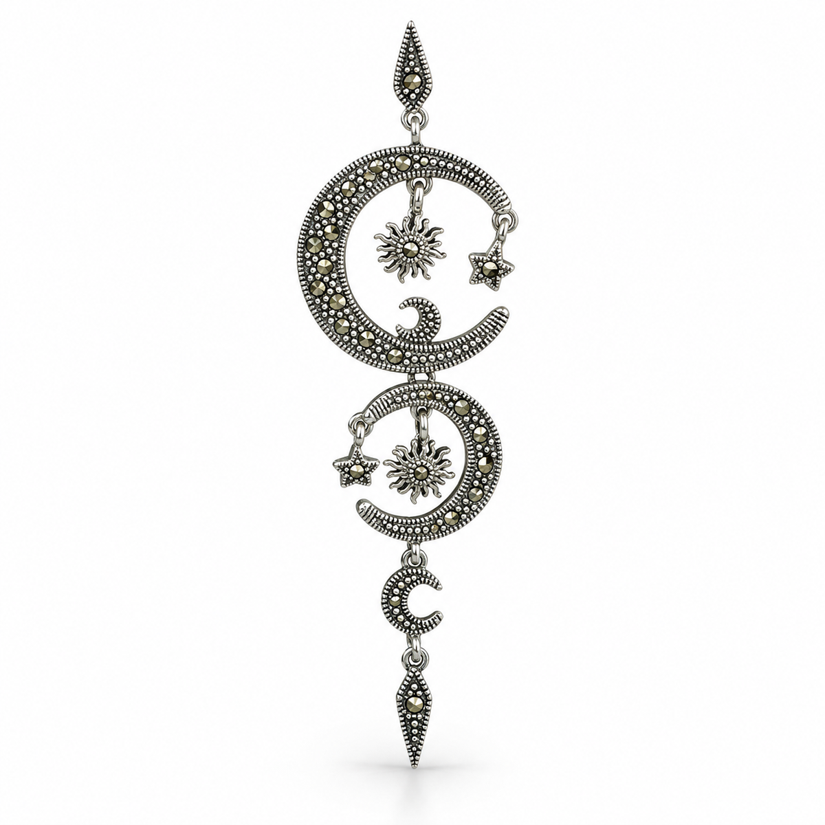 Marcasite Celestial Moon and Star Universe Sterling Silver Necklace