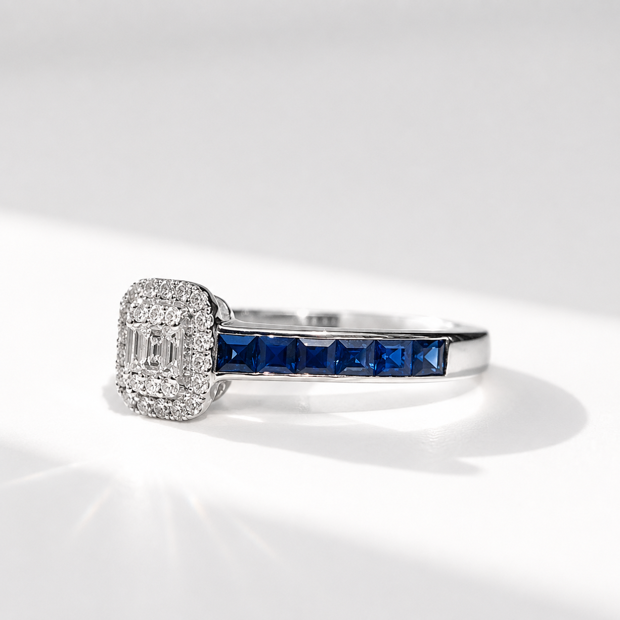 Sapphire and Diamond 18ct White Gold Modern Cluster Ring | Size O