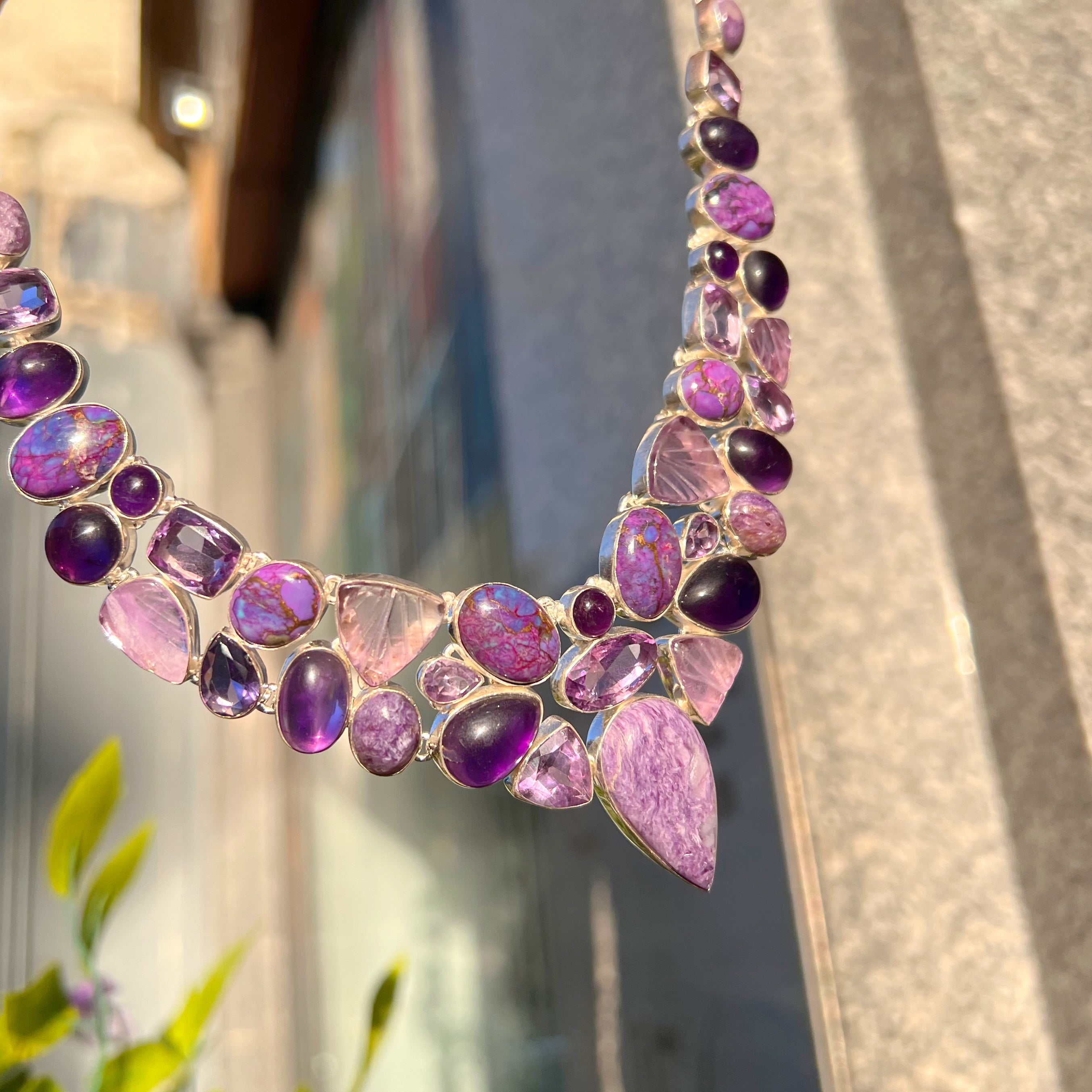 Amethyst, Mohave Turquoise and Charoite Sterling Silver Chunky Necklace