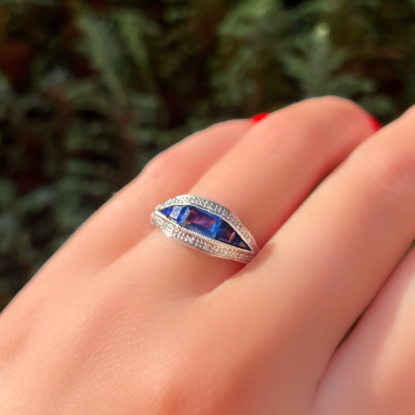 Art Deco Inspired 9ct White Gold Madagascar Blue Sapphire and Diamond Ring - Size O