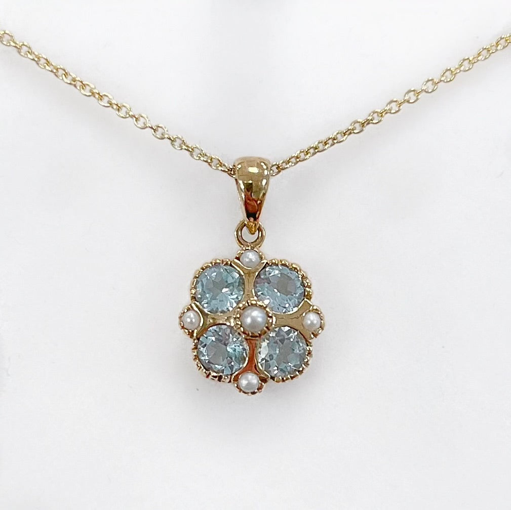 Aquamarine and Seed Pearl 9ct Yellow Gold Necklace