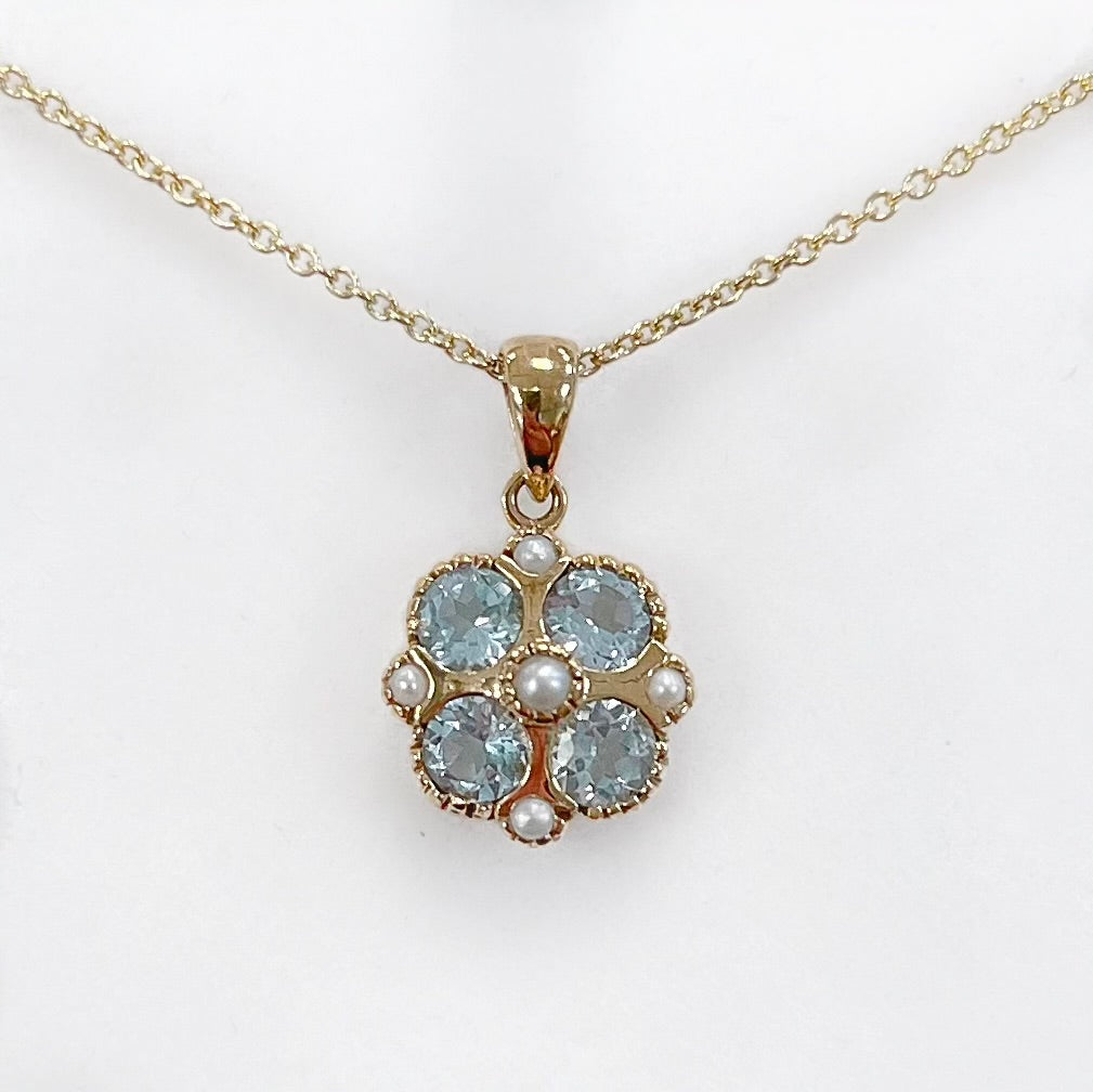 9ct Yellow Gold Aquamarine and Seed Pearl Necklace