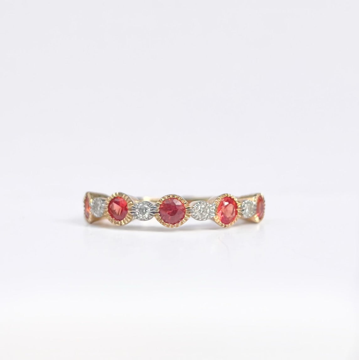 RARE 9ct Yellow Gold Orange Sapphire and Diamond Half Eternity Ring - Size O