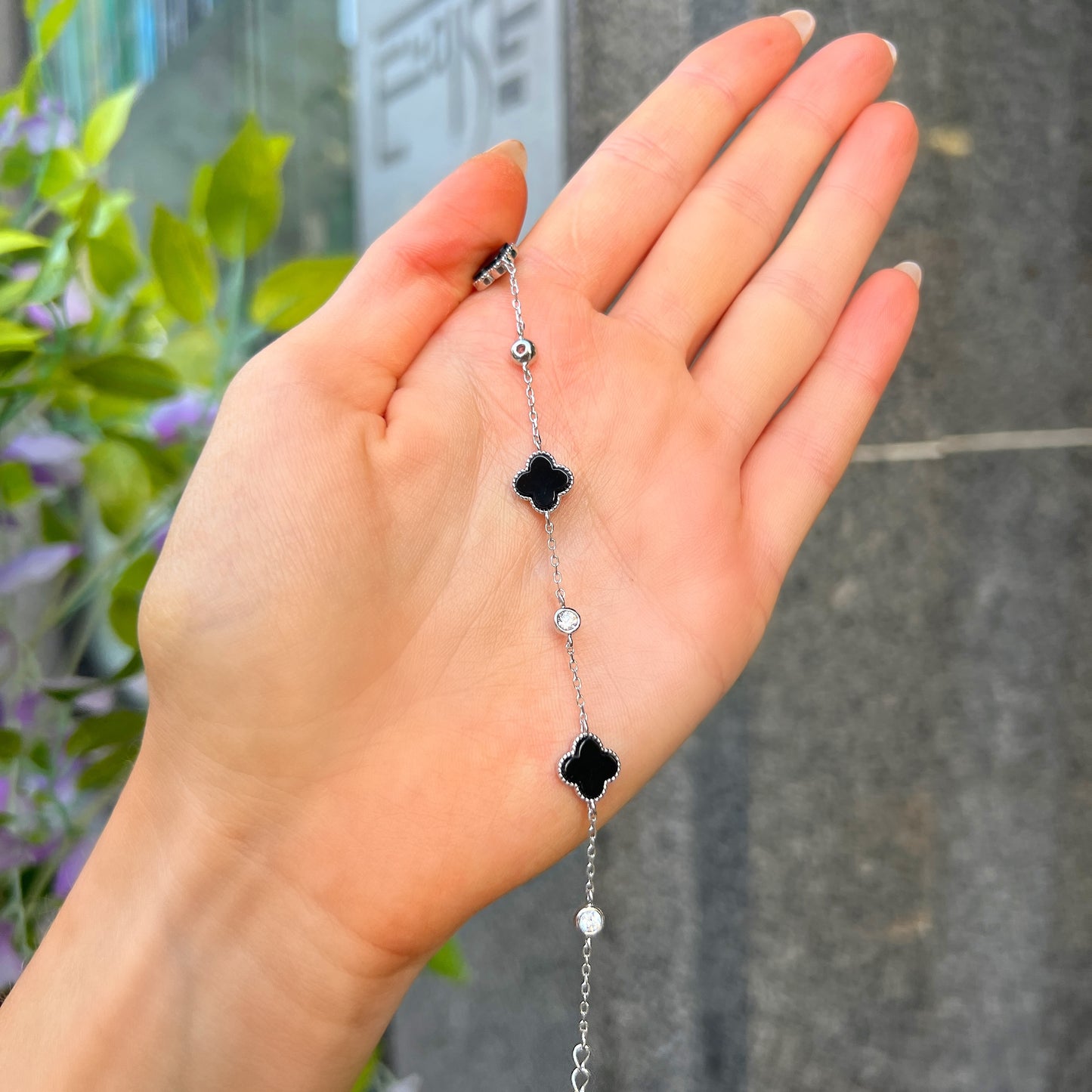 Dainty Sterling Silver Black Onyx & Cubic Zirconia Clover Bracelet