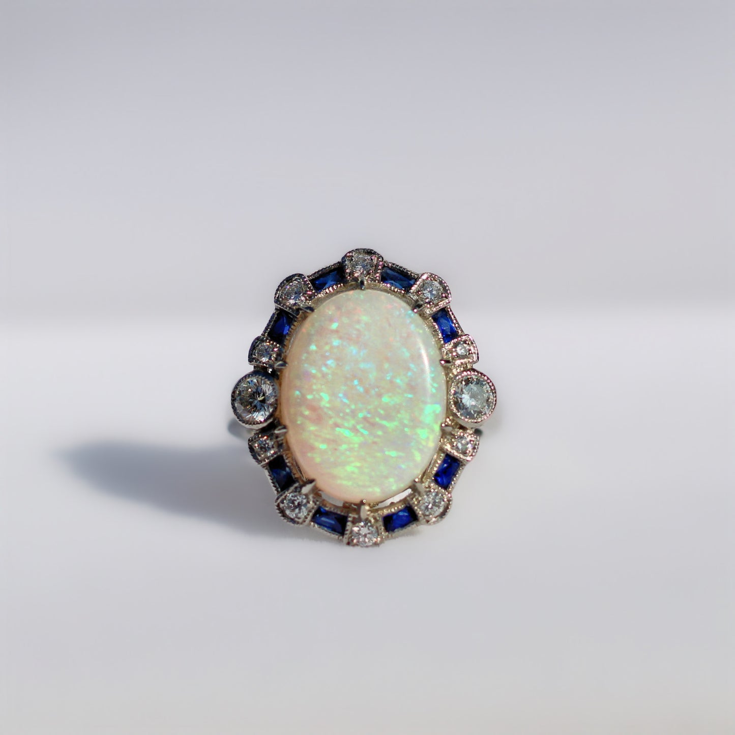 Platinum Opal, Sapphire and Diamond Art Deco Reproduction Ring - Size N ½