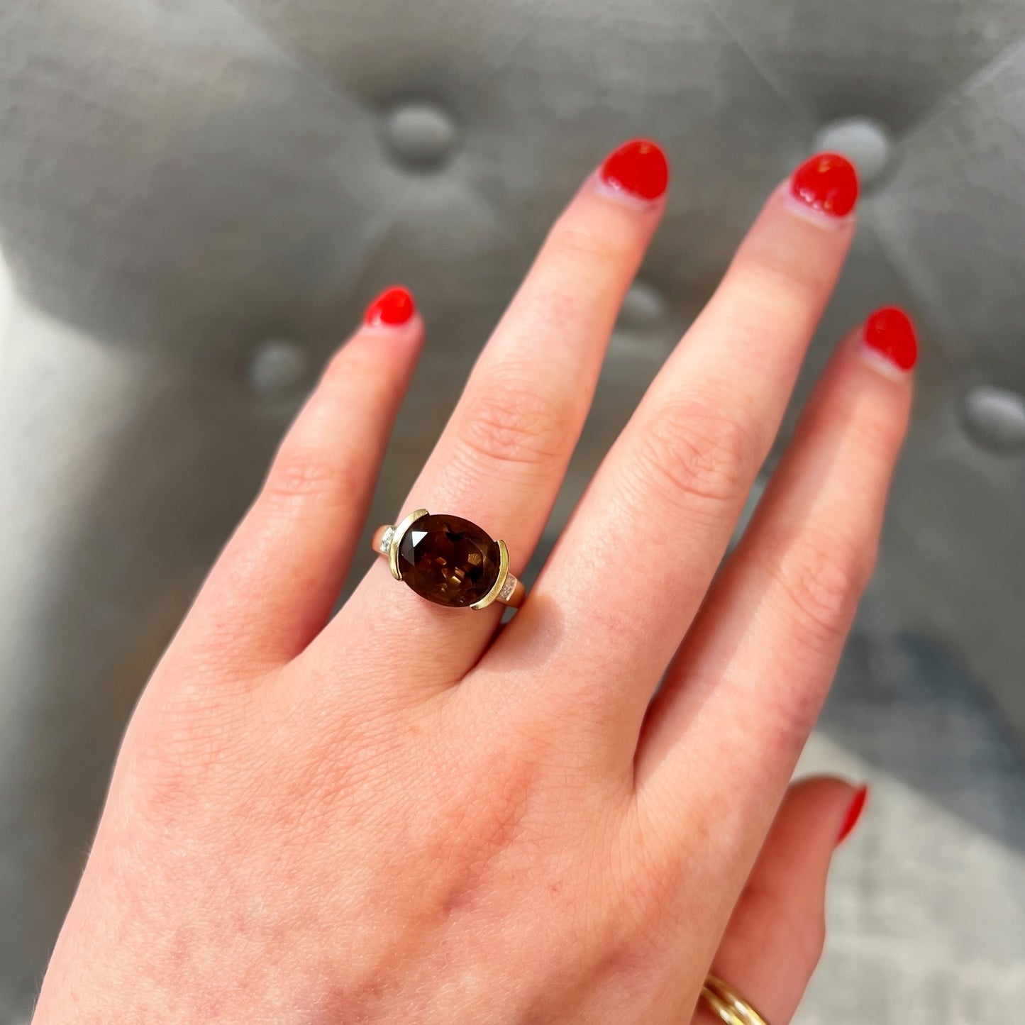 Vintage 9ct Yellow Gold Smoky Quartz and Diamond Cocktail Ring - Size M ½